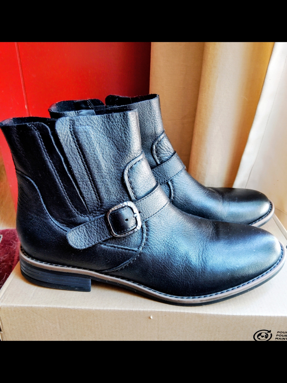 Clarks Black Leather Camzin Loop Ankle Booties with Buckle Strap